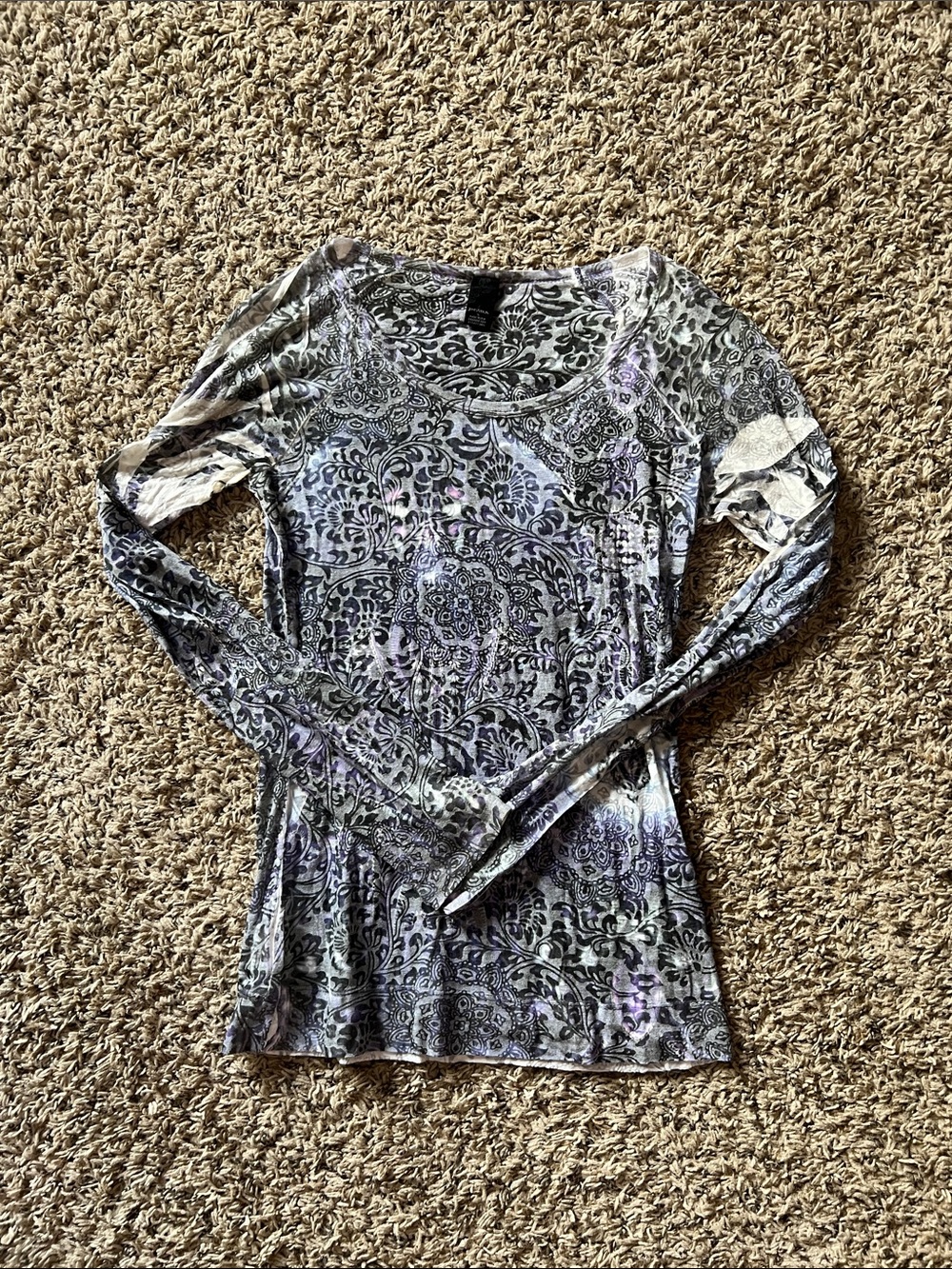 Prana Long Sleeve Scoop Neck Top in Gray and Purple Paisley